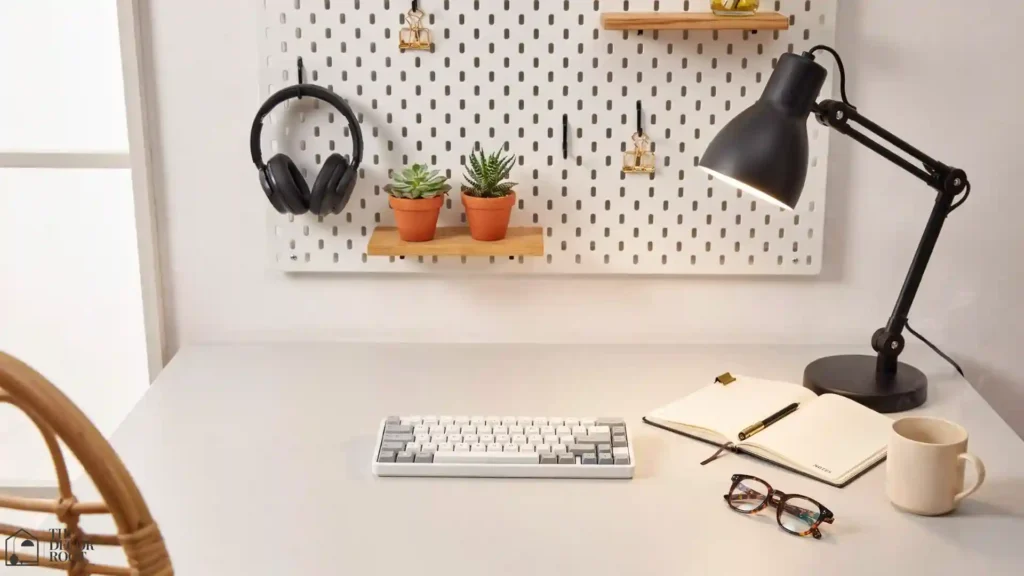 Organized home office design ideas showing pegboard wall storage, neutral desk setup, and layered lighting