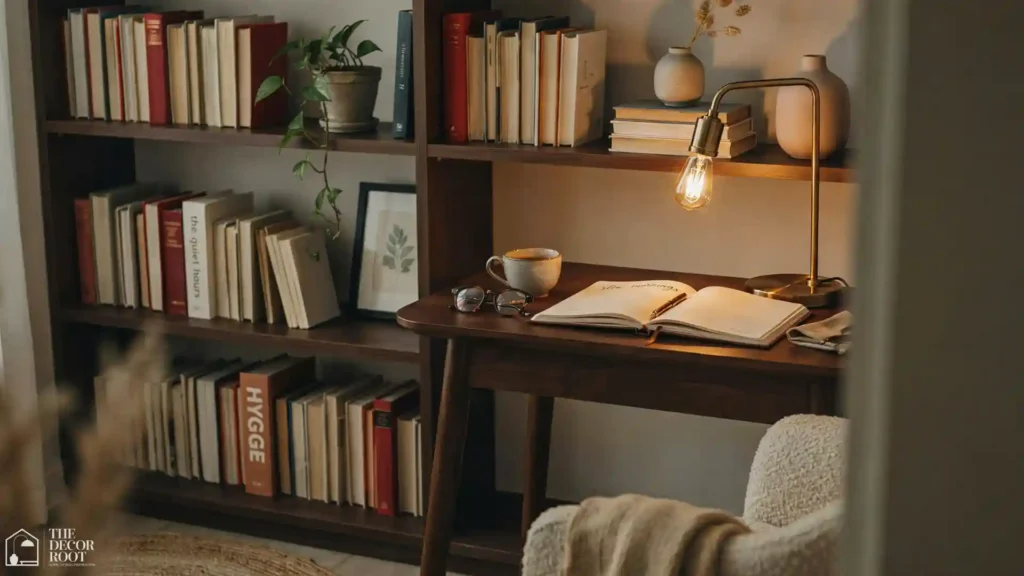 Cozy home office design ideas with warm lighting, bookshelf styling, and minimalist desk in a corner nook