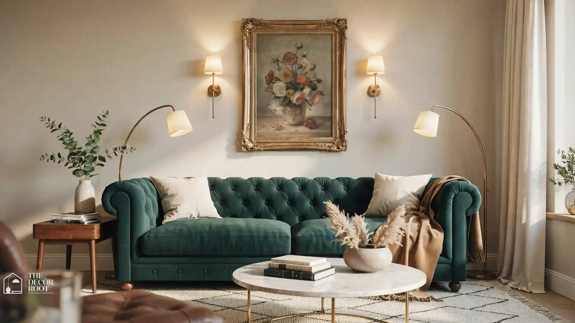 Luxury living room ideas with velvet sofa, marble coffee table, gold accents, and layered lighting in a designer-styled space