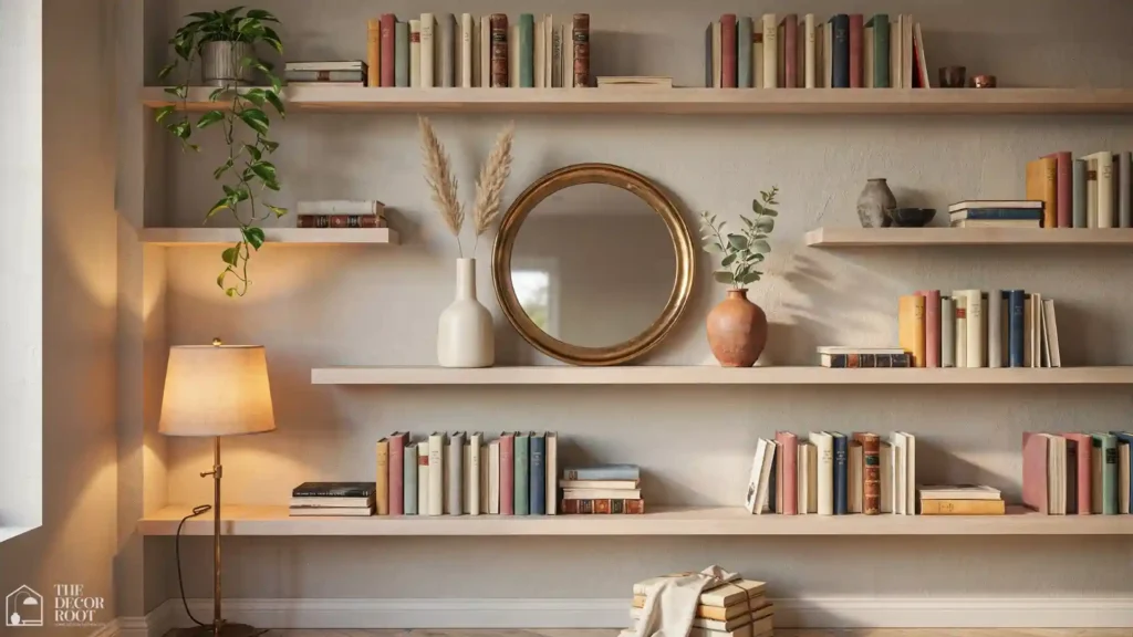 Luxury living room ideas featuring a styled bookshelf with ceramics, a gold mirror, and warm ambient lighting