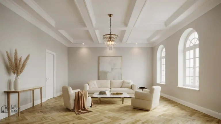 Modern ceiling design ideas featuring a white coffered ceiling with recessed lighting in an elegant living room