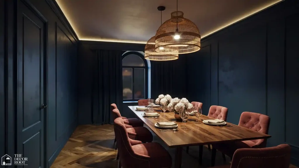 Modern ceiling design ideas with cove LED lighting and a dramatic pendant chandelier above a dining table