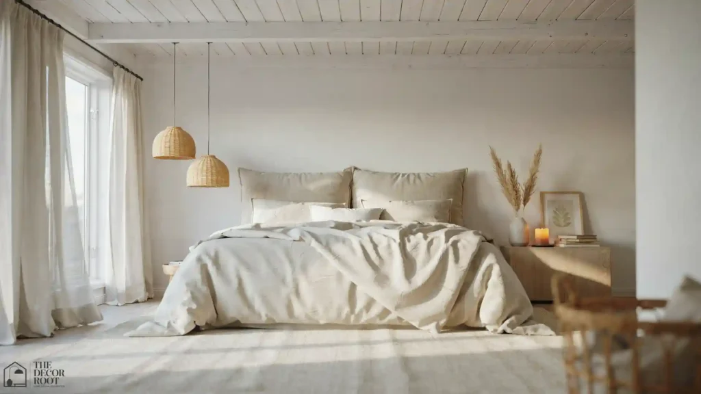 Modern ceiling design ideas in a bedroom with white-painted shiplap ceiling and warm pendant lights