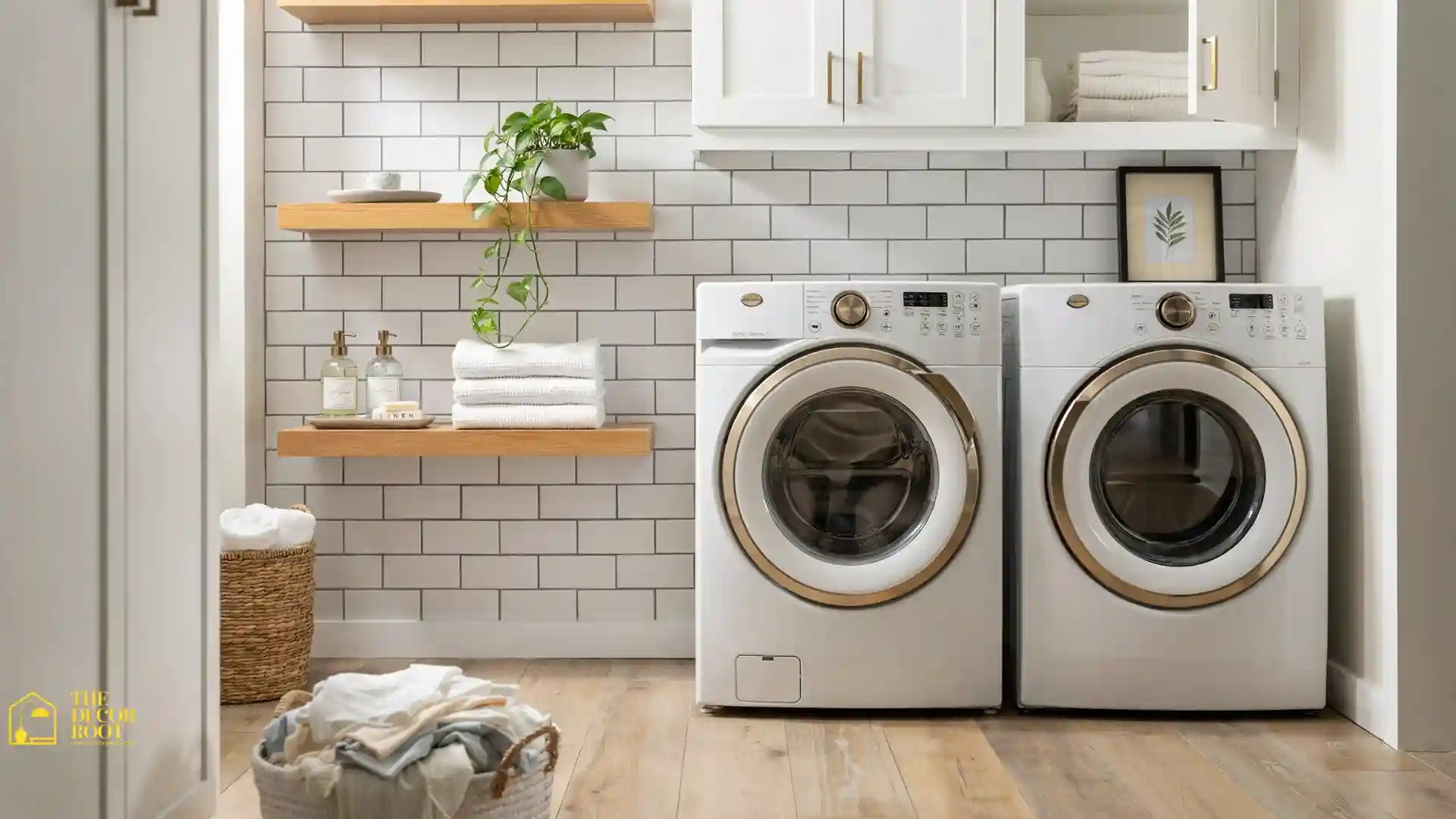 Small laundry room ideas with white stacked washer-dryer, floating shelves, and a woven hamper basket in a tidy organized space