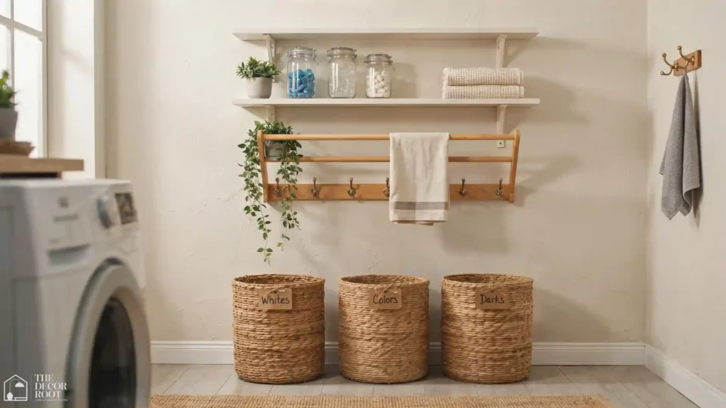 Small laundry room ideas with labeled woven sorting baskets, wall-mounted drying rack, and organized floating shelves