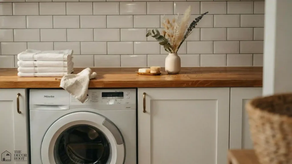 Small laundry room ideas featuring a butcher block countertop folding station, brass hardware, and subway tile backsplash