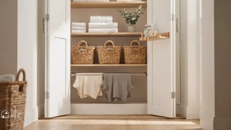 Organized laundry closet ideas with white shelving, folded towels, and wood-accent hamper in a small space