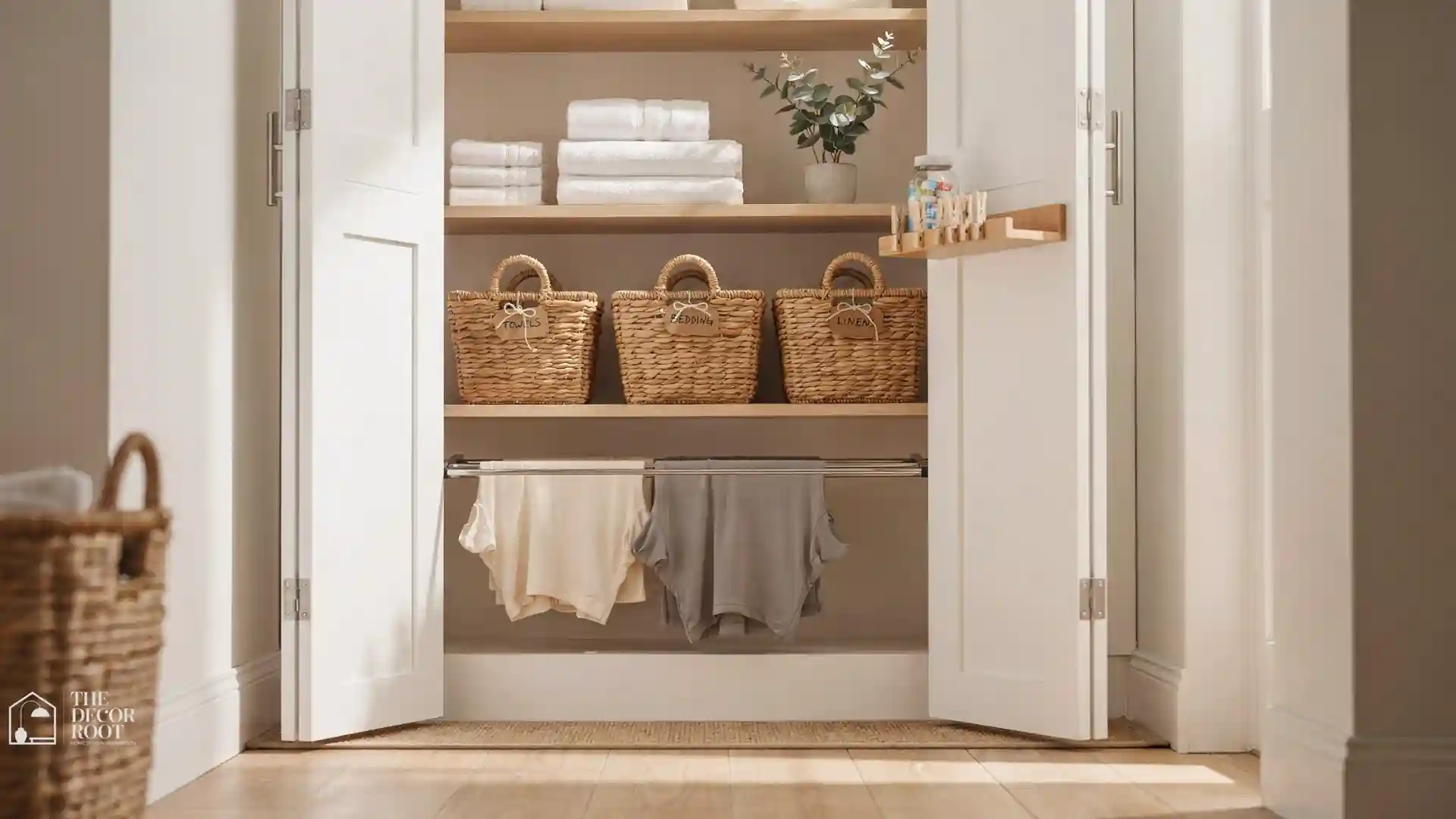 Organized laundry closet ideas with white shelving, folded towels, and wood-accent hamper in a small space