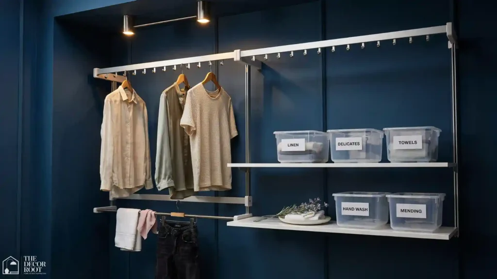 Wall-mounted retractable drying rack in a laundry closet with hanging delicates and organized shelving below