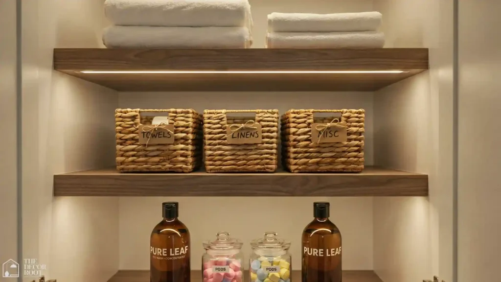LED strip lighting illuminating organized laundry closet shelves with labeled wicker baskets and detergent