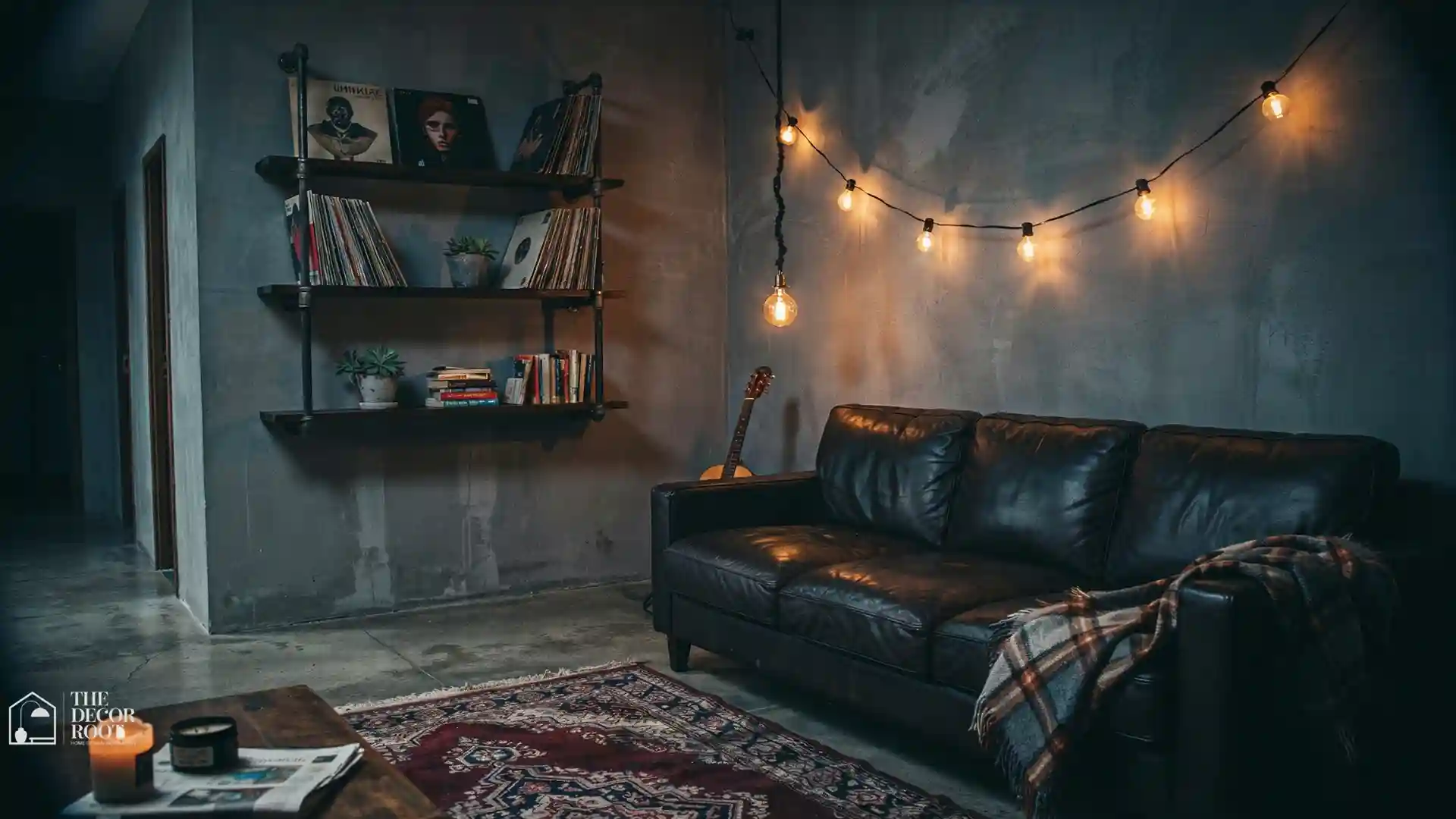 Grunge apartment design ideas charcoal textured walls, black iron pipe shelving, worn leather sofa, and warm Edison bulb lighting in a moody rental living room