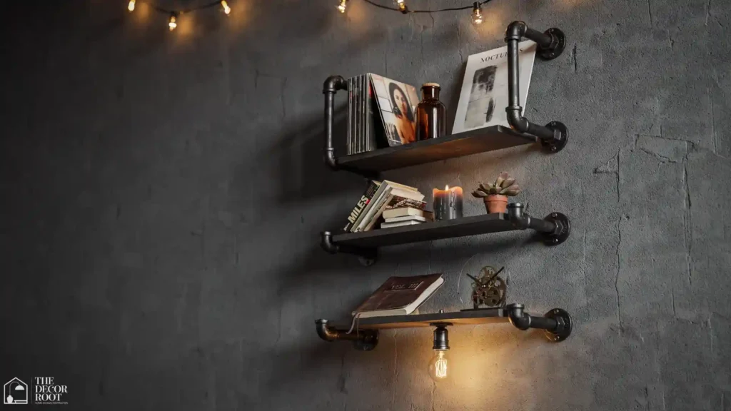 Grunge apartment design ideas black iron pipe floating shelf with vinyl records, dark apothecary bottles, burned candles, and warm Edison ambient light