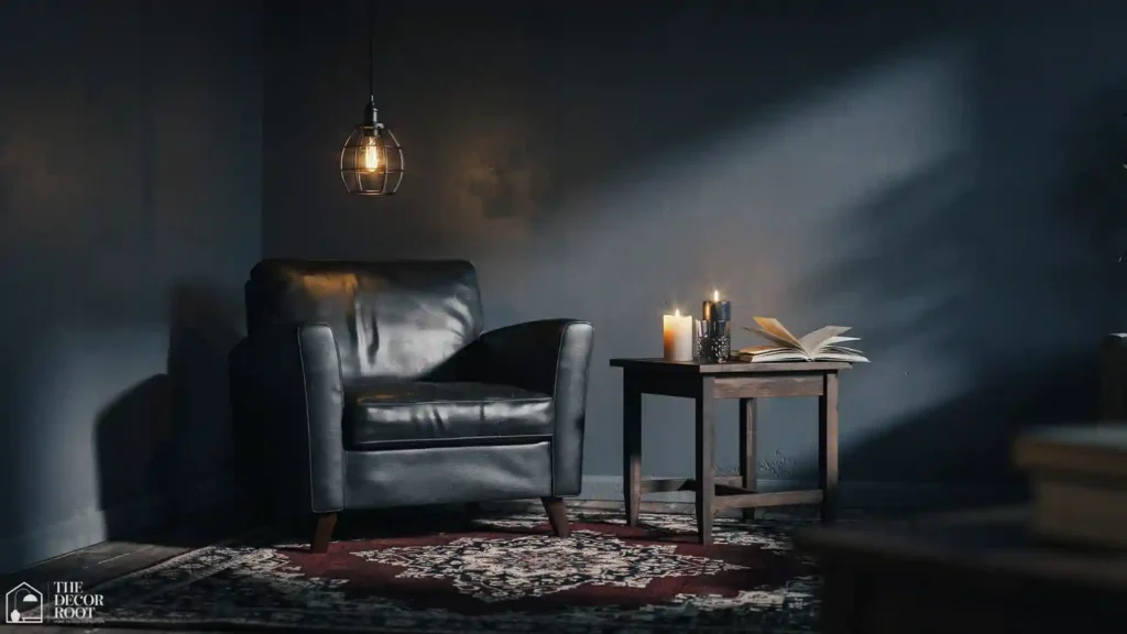 Grunge apartment reading corner cracked leather armchair under industrial cage pendant with dark Persian rug, pillar candles, and ephemera corkboard on wall