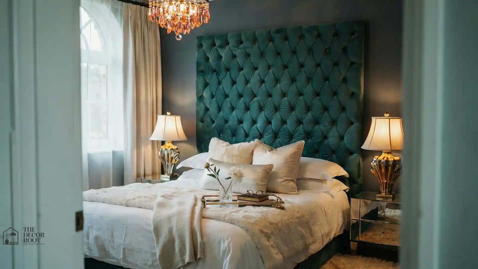 ALT Text Glam room ideas featuring deep emerald velvet headboard, gold accent lamps, and mirrored nightstands in a dramatic yet cozy bedroom
