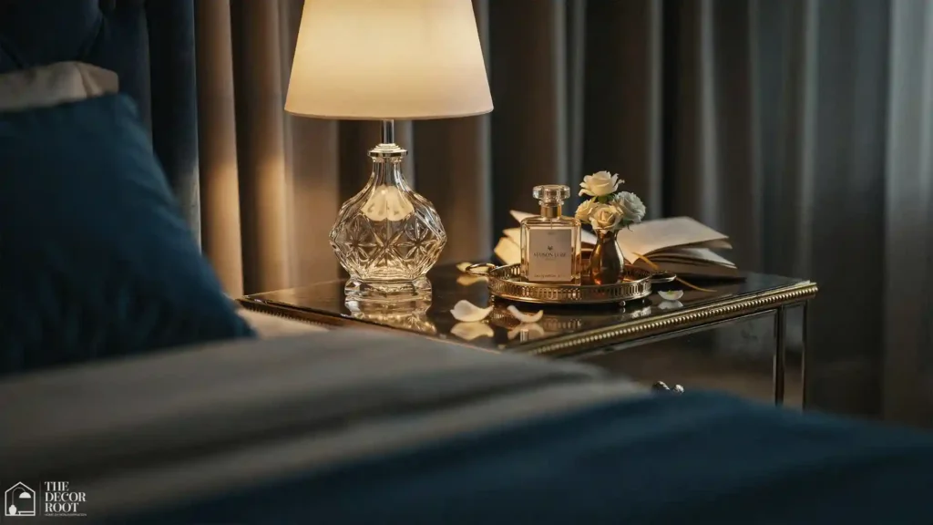 Glam room ideas styled mirrored nightstand with crystal lamp, gold tray, and velvet pillow in a lush bedroom setting