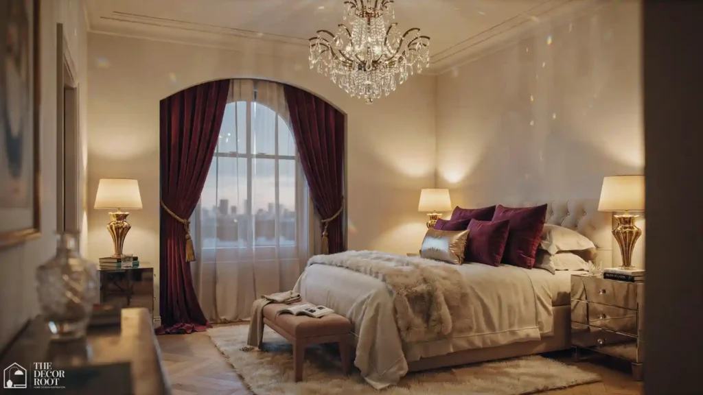 Glam room ideas full view crystal chandelier, floor-length velvet curtains, and layered bedding in a dramatic bedroom