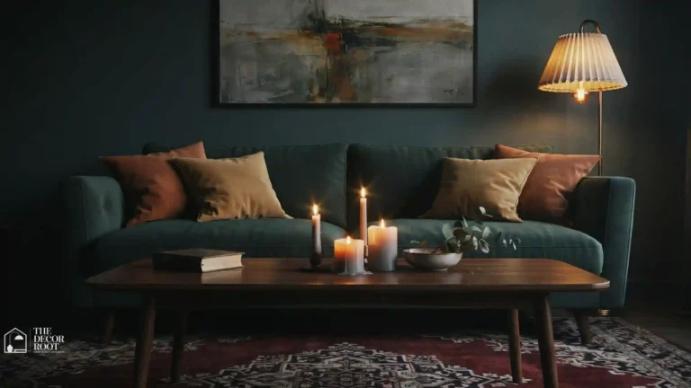 Moody living room ideas with warm Edison lighting, deep charcoal walls, velvet sofa, and layered candles on a dark wood coffee table