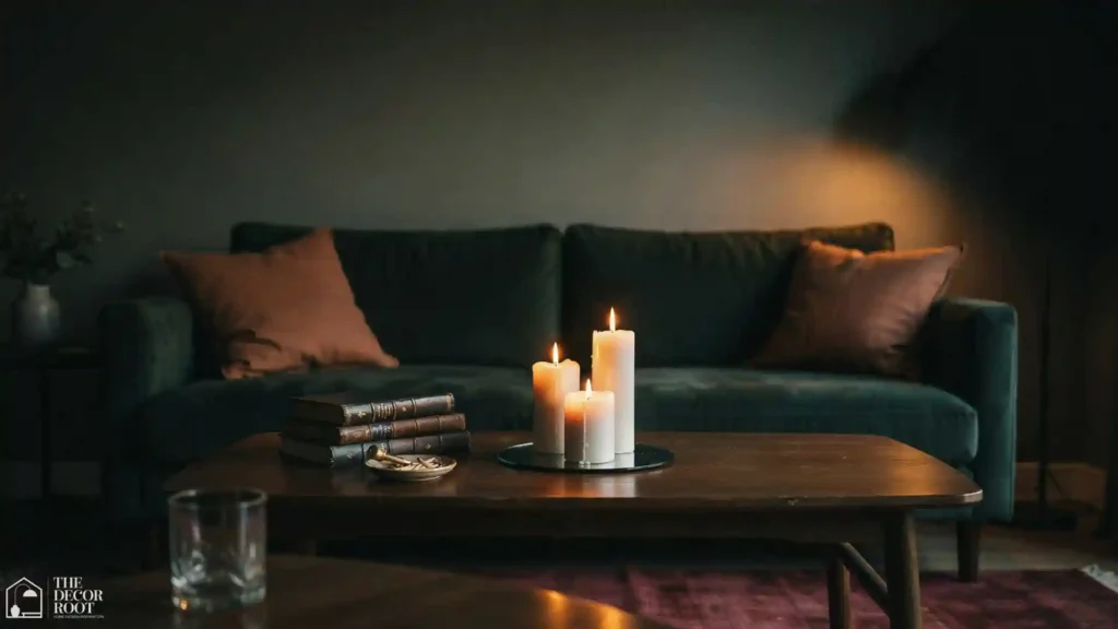 Moody living room ideas layered candlelight on dark walnut coffee table with velvet sofa and amber floor lamp in background