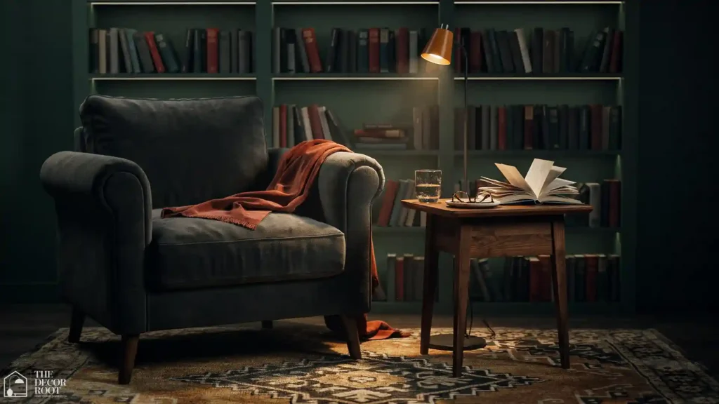 Moody living room reading corner with dark velvet armchair, warm amber floor lamp, and dark bookshelf with interior LED lighting
