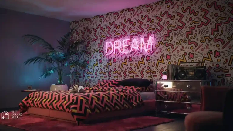 Bold 80s bedroom design ideas featuring neon pink lighting, geometric wallpaper, and Memphis-style furniture in a stylish retro bedroom