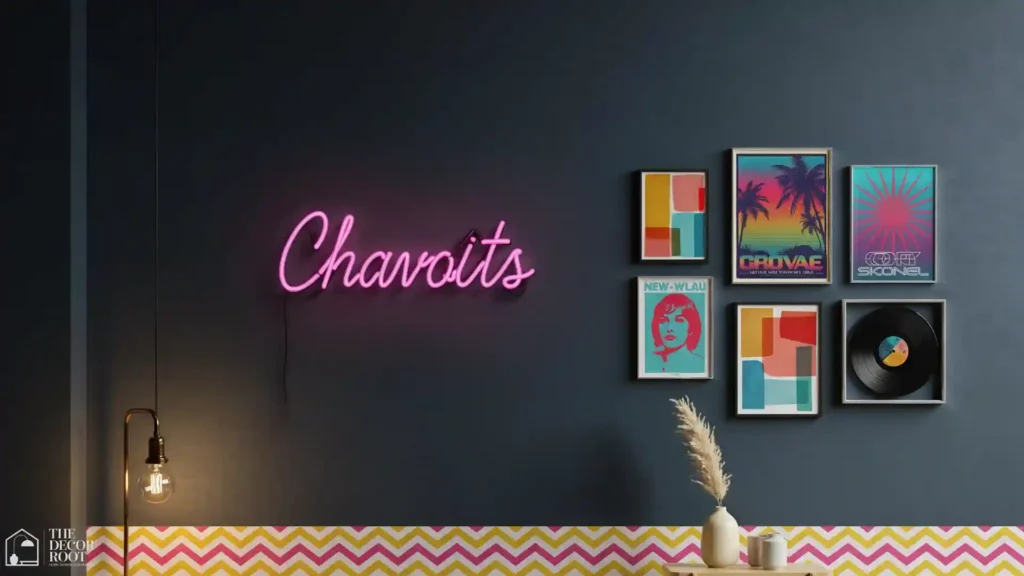 80s bedroom design ideas with a maximalist gallery wall featuring neon signage, vintage posters, and geometric art prints