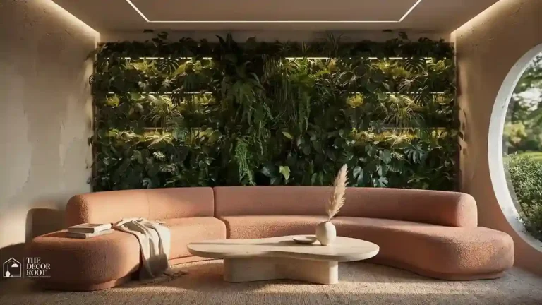 Future home design ideas featuring warm biophilic living room with curved organic furniture, natural wood, and soft ambient lighting