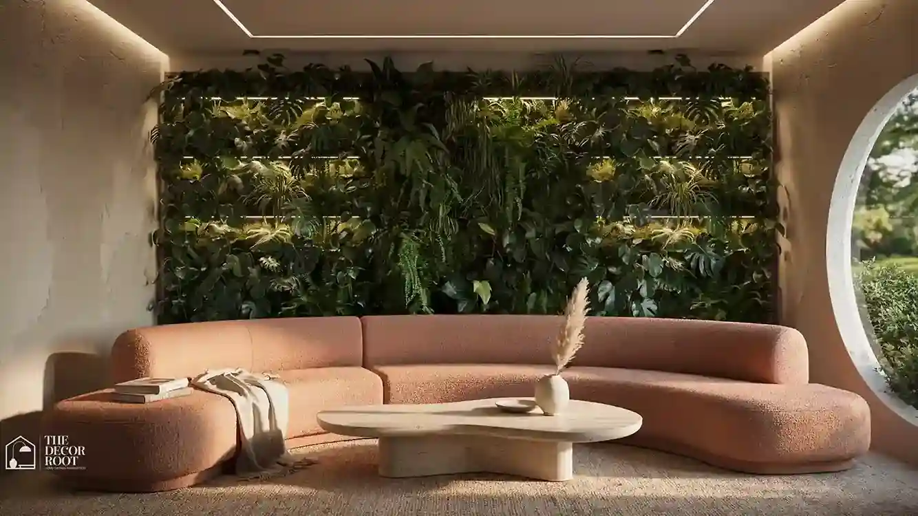 Future home design ideas featuring warm biophilic living room with curved organic furniture, natural wood, and soft ambient lighting