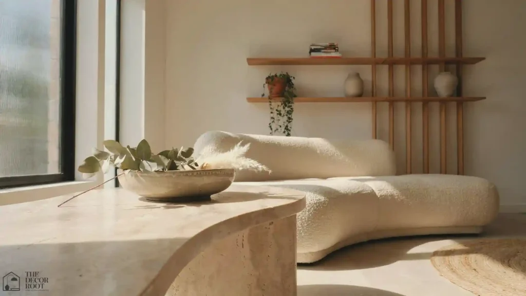 Future home design ideas with travertine coffee table, organic curved sofa, and warm earthy color palette in a calm living room