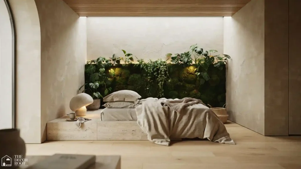 Future home design ideas in a biophilic calm bedroom with plant wall, warm wood ceiling slats, and linen bedding