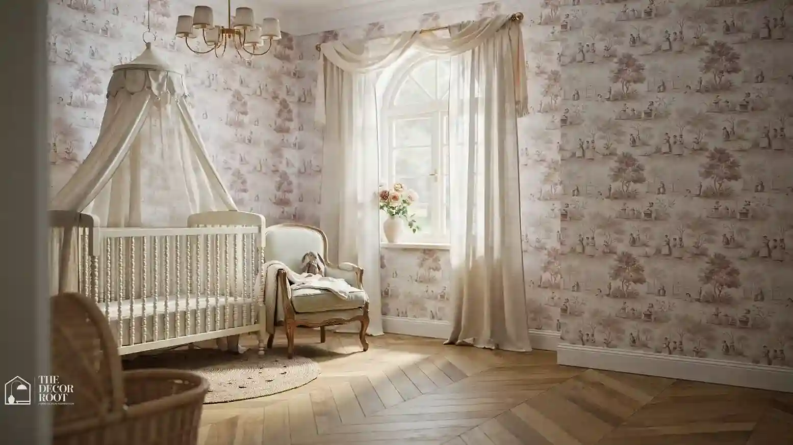 ALT Text French inspired nursery design ideas featuring toile de Jouy wallpaper, arched window, white crib, and soft linen layering in an elegant baby room