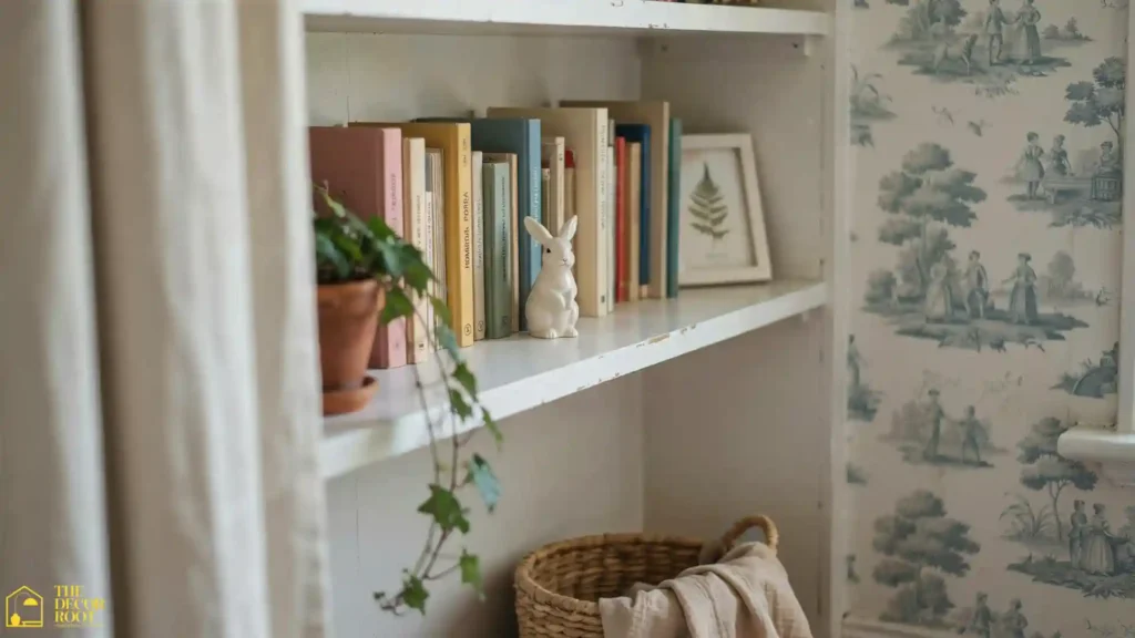 French inspired nursery design ideas with styled bookshelf featuring ceramic accessories, botanical vase, and hand-lettered name sign