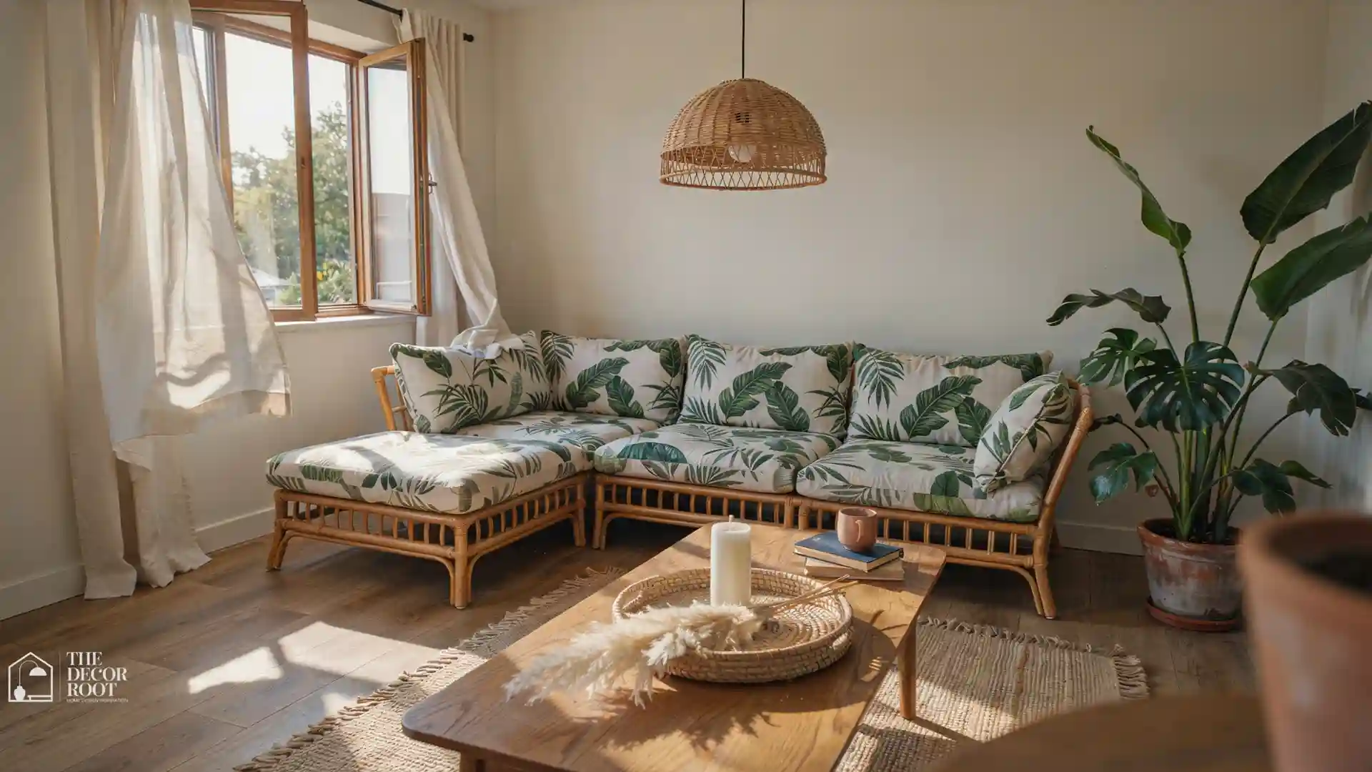 Summer room decor ideas featuring coastal boho living room with rattan furniture, botanical prints, breezy linen curtains, and warm natural lighting