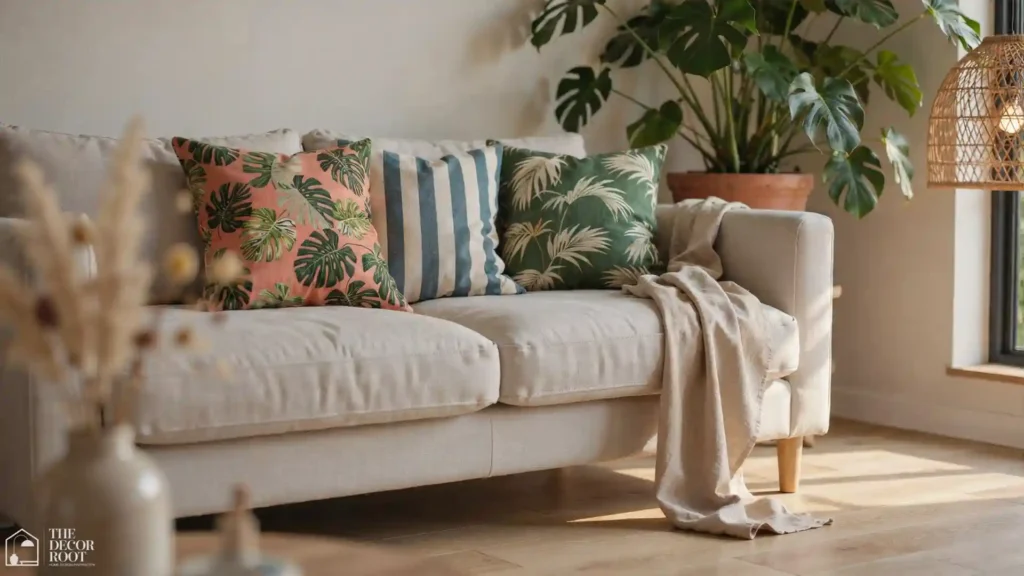Summer room decor ideas featuring tropical botanical throw pillows, rattan pendant light, and terracotta plant pots in a bright airy room