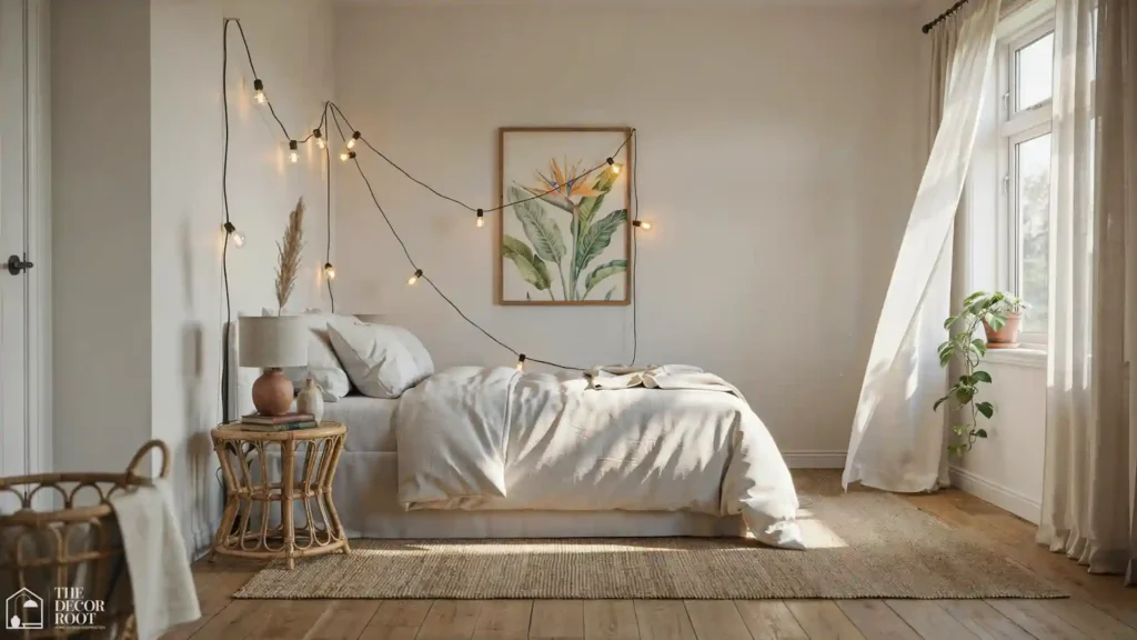 ALT Text	Summer room decor ideas in a bedroom with sheer linen curtains, string lights above the bed, and tropical botanical art print