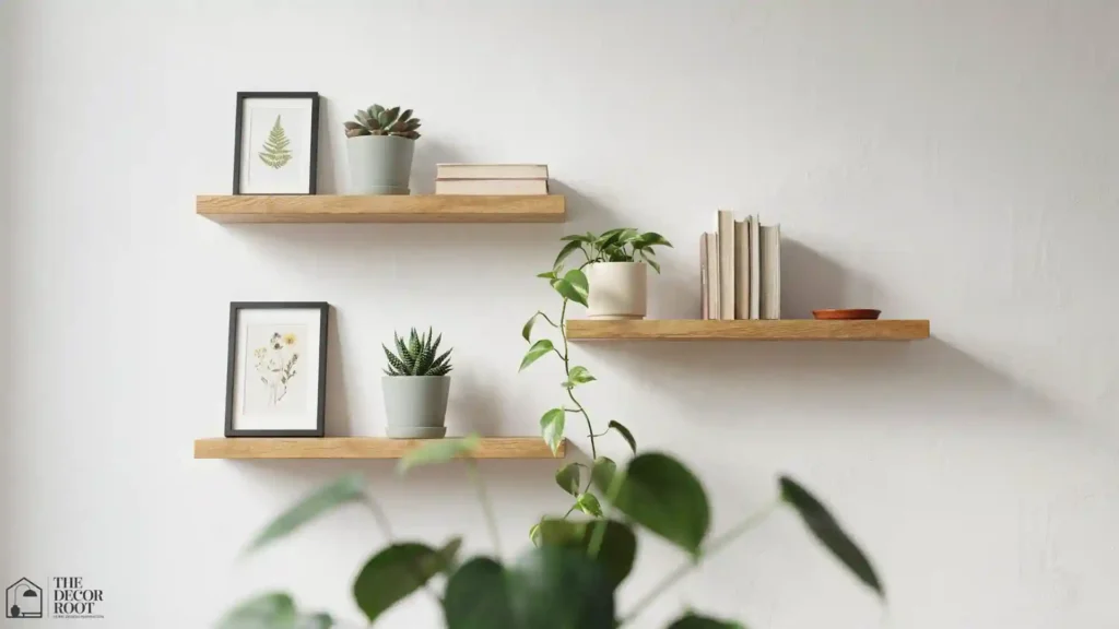 Floating wooden shelves styled with rooms with plants ideas including trailing pathos, framed art, and ceramic pots
