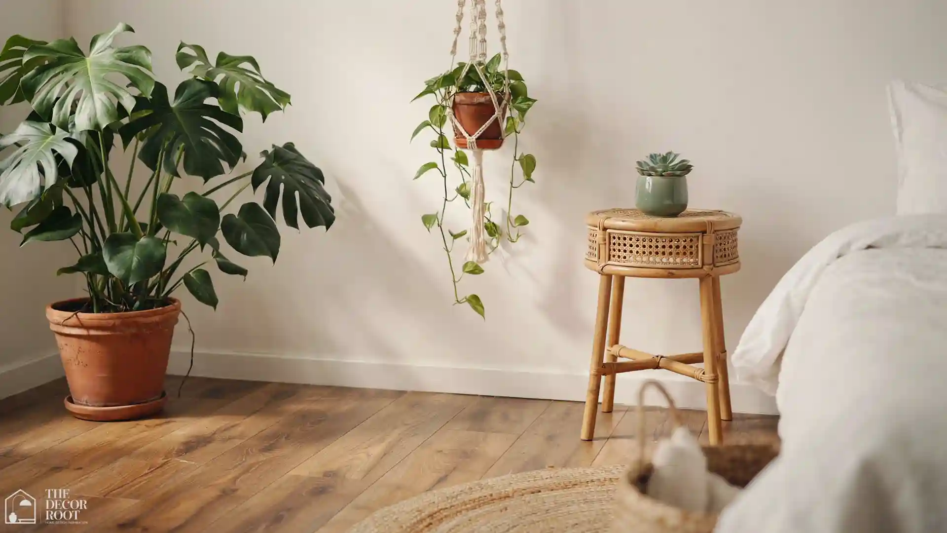 Cozy bedroom corner featuring rooms with plants ideas with a monstered, hanging planter, and terracotta pots