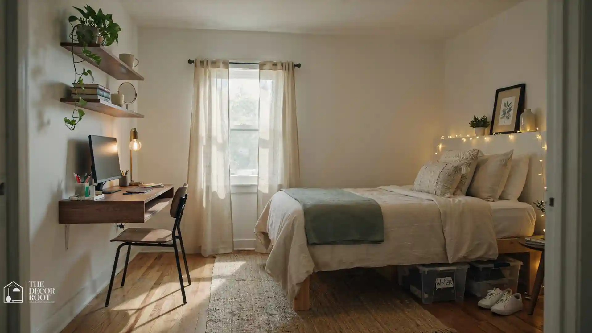 Organized dorm room ideas setup with raised bed, study desk, string lights, and small decor that supports daily college life