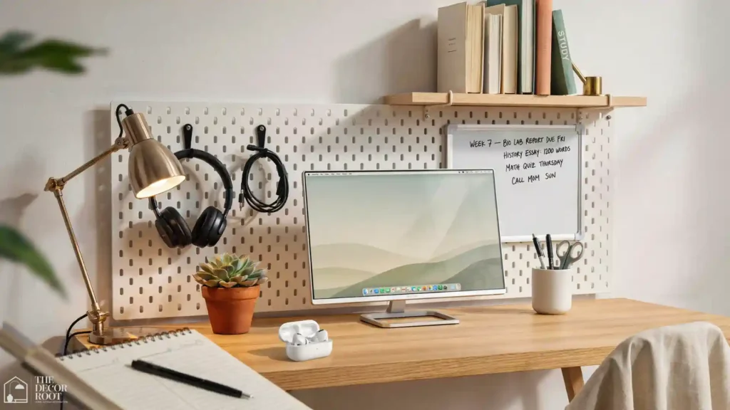Dorm room ideas desk zone with pegboard wall organizer, clip lamp, monitor, and organized supplies