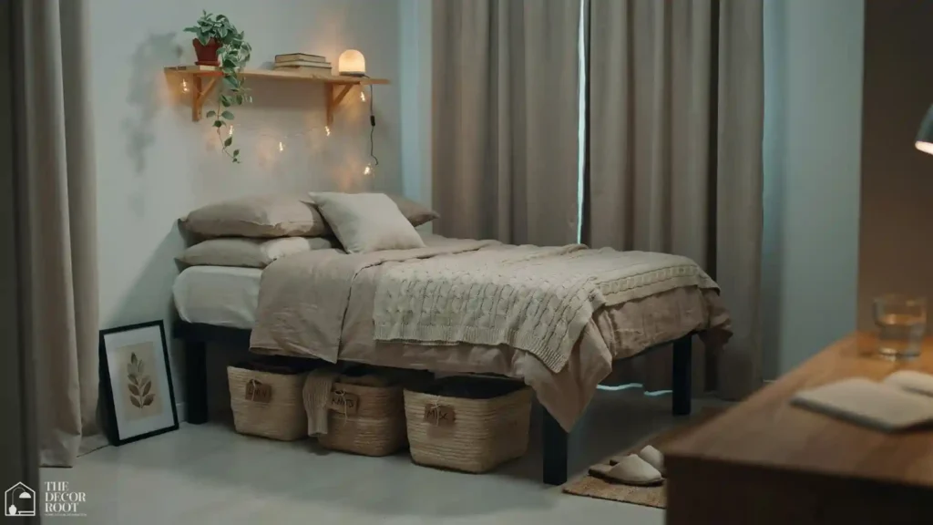 Cozy dorm room ideas sleep zone with raised bed, blackout curtains, string lights, and layered neutral bedding
