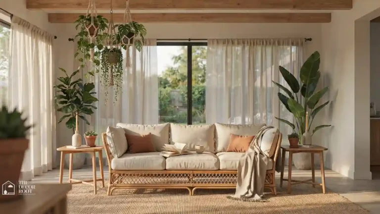 Bright airy sunroom design ideas featuring rattan furniture, trailing plants, linen curtains, and warm afternoon light