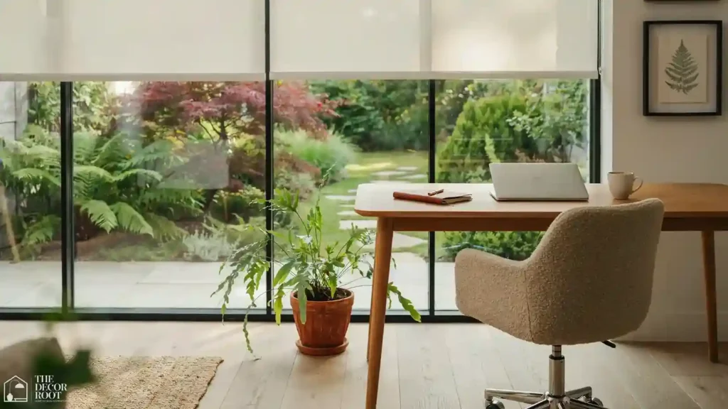 Sunroom design ideas home office setup with natural light, wood desk, solar shades, and garden view