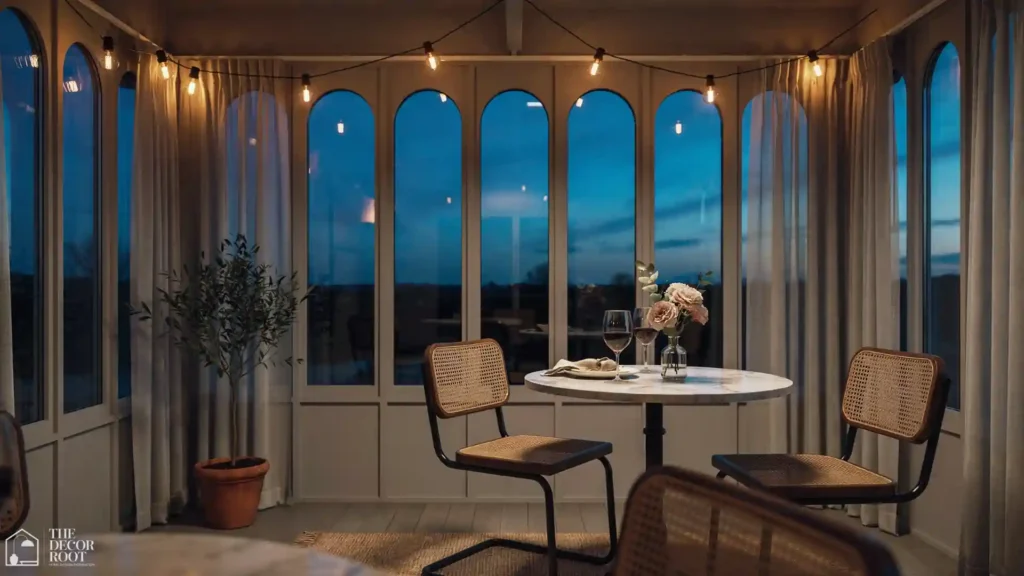 Sunroom design ideas bistro entertaining setup with rattan chairs, string lights, marble table, and evening ambiance
