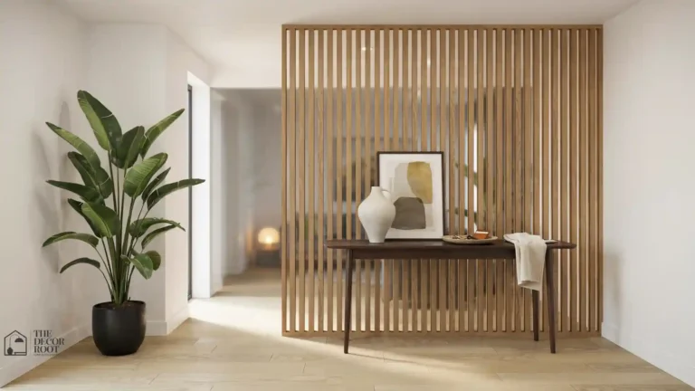 Modern open plan home with entry divider ideas featuring a slatted wood screen, console table, and dramatic tall plant
