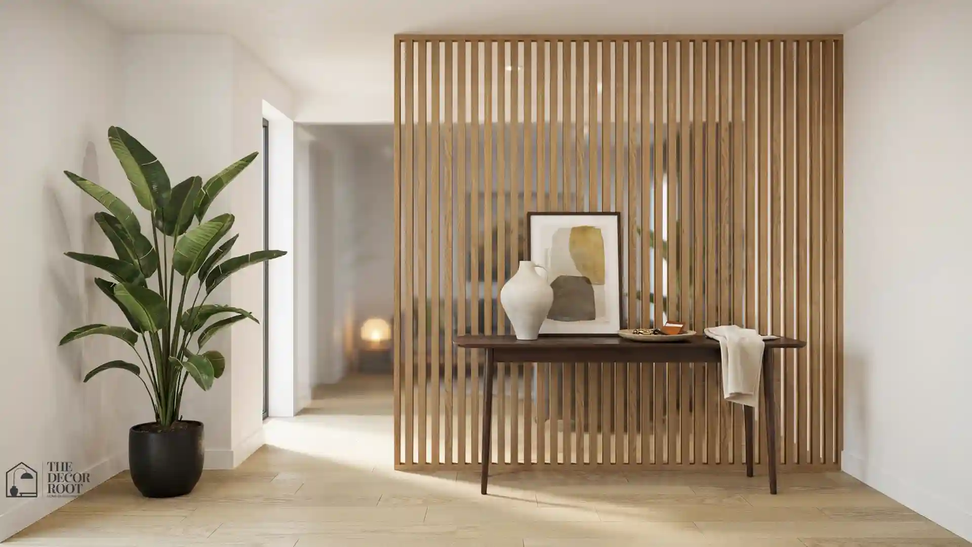 Modern open plan home with entry divider ideas featuring a slatted wood screen, console table, and dramatic tall plant