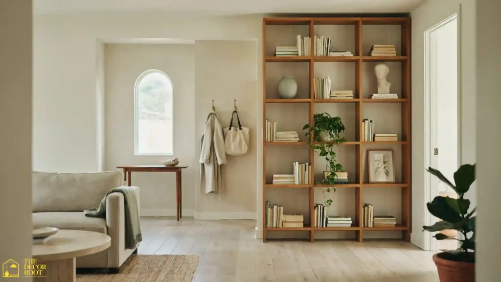 Entry divider ideas open bookshelf room divider with styled living room view and defined entry zone console