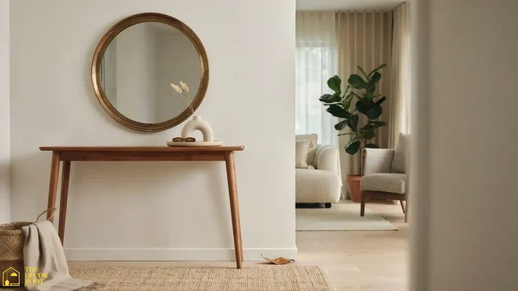 Entry divider ideas console table mirror and rug trifecta showing defined modern entryway in open floor plan home
