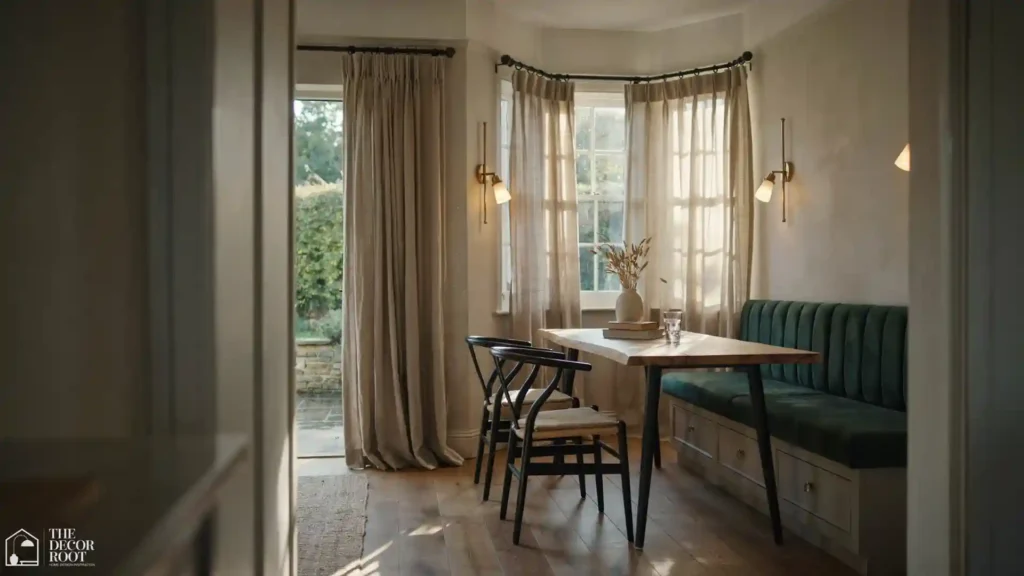 Dining nook ideas showing a window seat dining area with built-in storage bench