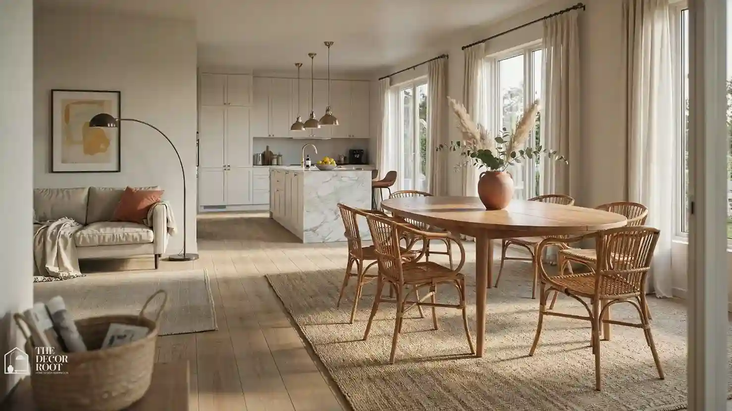 Open plan dining area ideas showing a rug used to zone a dining space within a larger living area