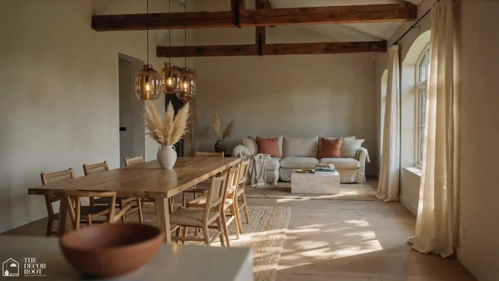 Open plan dining area ideas featuring a cluster of pendant lights defining the dining zone