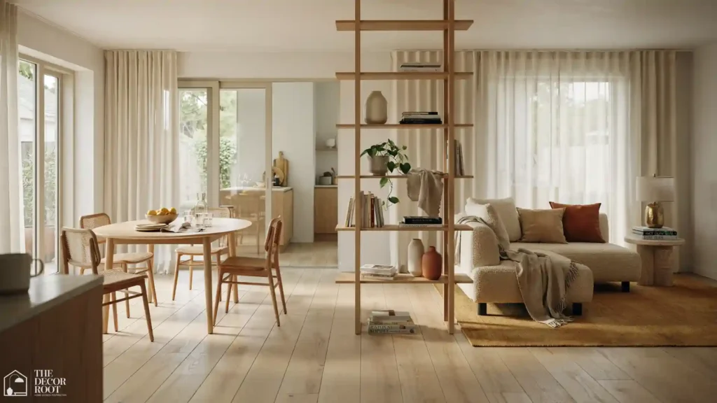 Open plan dining area ideas using an open shelving unit as a soft room divider